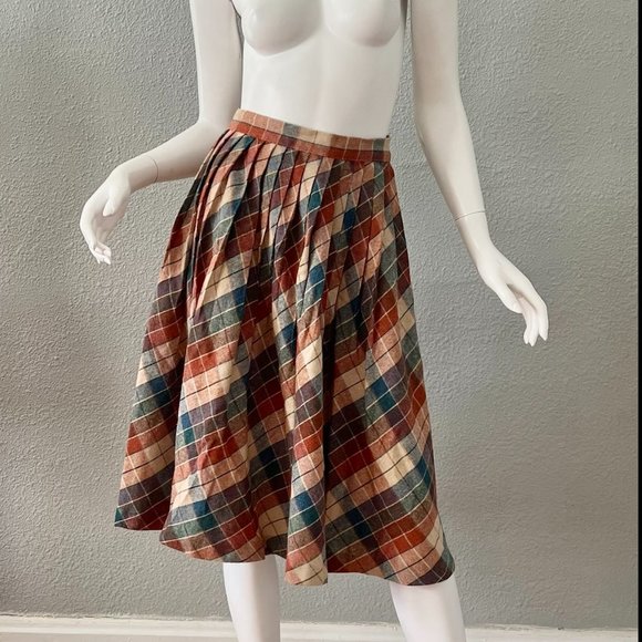 Vintage 70s High Waist Plaid Wool Pleated A-line Midi Skirt XS/S - Picture 6 of 10